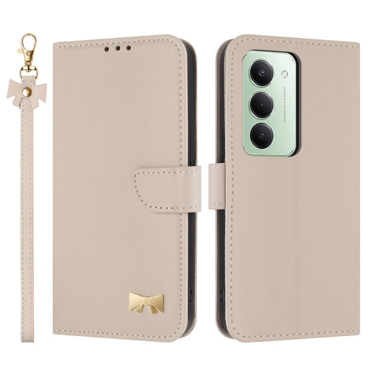 

For Redmi 15 15 5G / 4G EU 171mm Metal Bow Leather Phone Case with Hand Strap(Apricot)
