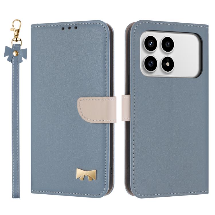 

For Redmi K90 / Poco F8 Pro Metal Bow Leather Phone Case with Hand Strap(Light Blue)