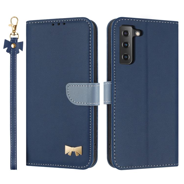 

For Samsung Galaxy S22 5G Metal Bow Leather Phone Case with Hand Strap(Dark Blue)