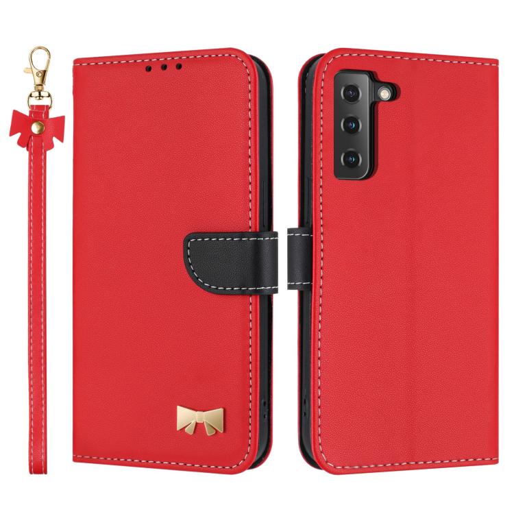 

For Samsung Galaxy S22+ 5G Metal Bow Leather Phone Case with Hand Strap(Red)