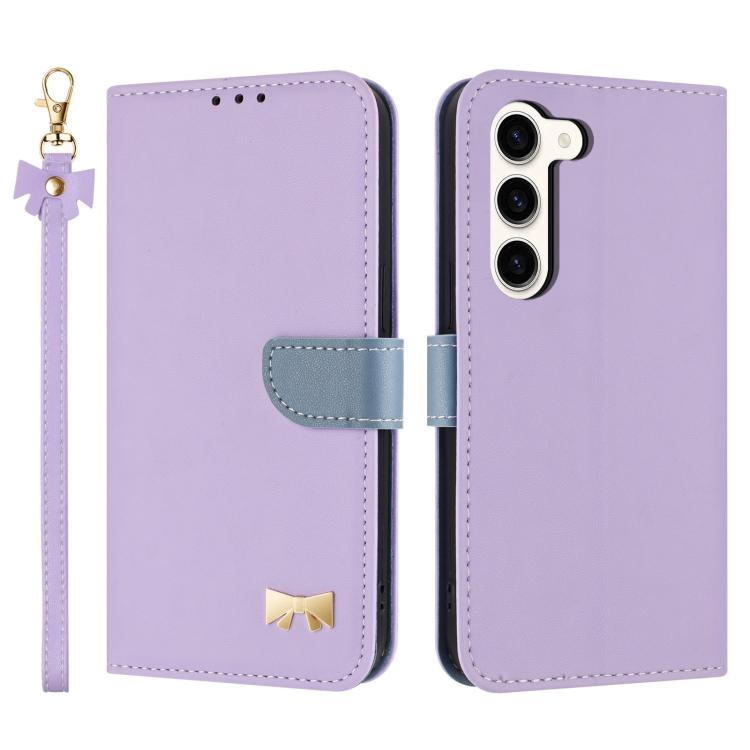 

For Samsung Galaxy S23 5G Metal Bow Leather Phone Case with Hand Strap(Purple)