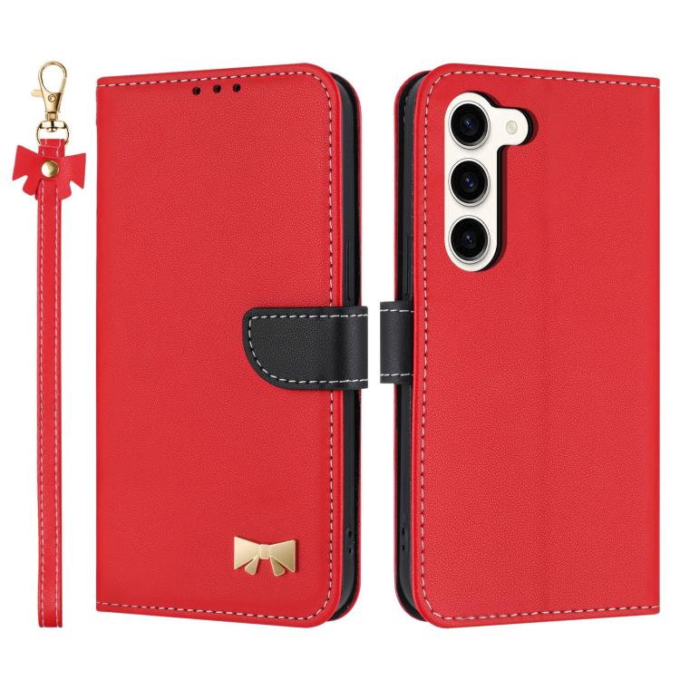 

For Samsung Galaxy S23+ 5G Metal Bow Leather Phone Case with Hand Strap(Red)