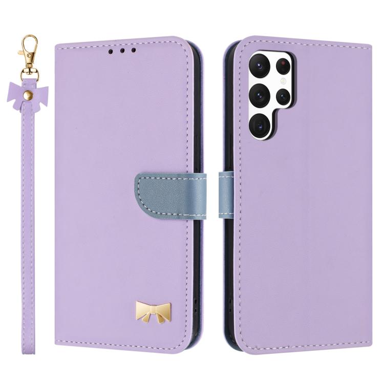 

For Samsung Galaxy S23 Ultra 5G Metal Bow Leather Phone Case with Hand Strap(Purple)