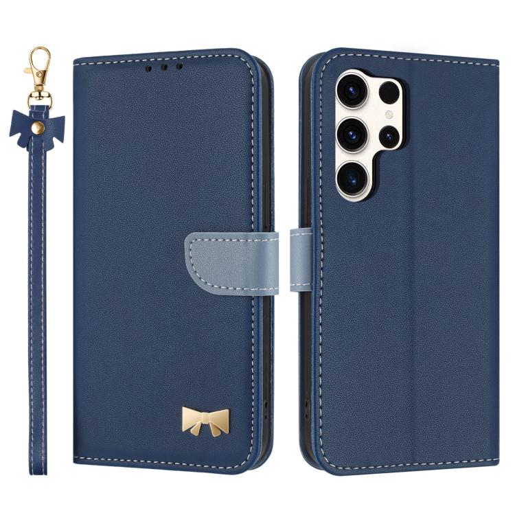 

For Samsung Galaxy S24 Ultra 5G Metal Bow Leather Phone Case with Hand Strap(Dark Blue)