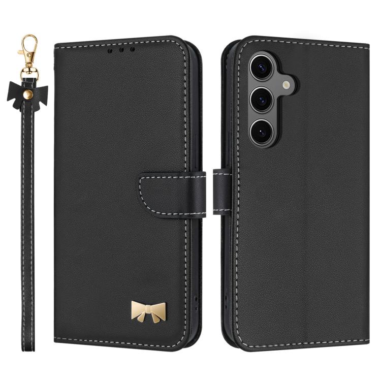 

For Samsung Galaxy S25 / S24 5G Metal Bow Leather Phone Case with Hand Strap(Black)