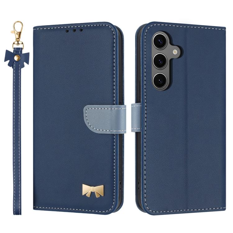 

For Samsung Galaxy S25+ / S24+ 5G Metal Bow Leather Phone Case with Hand Strap(Dark Blue)
