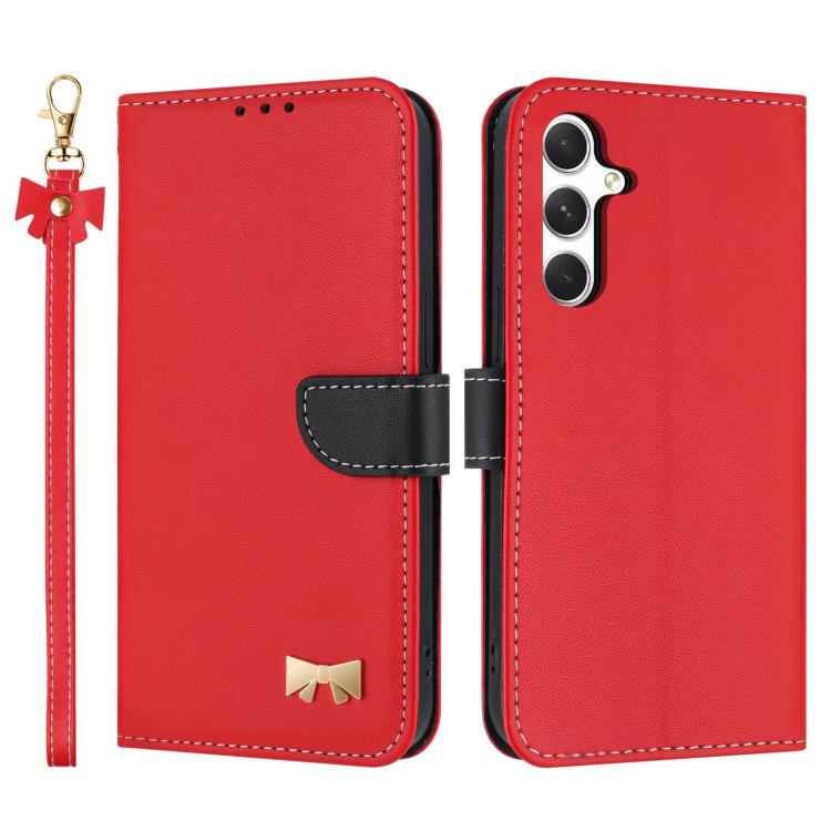 

For Samsung Galaxy S24 FE 5G Metal Bow Leather Phone Case with Hand Strap(Red)