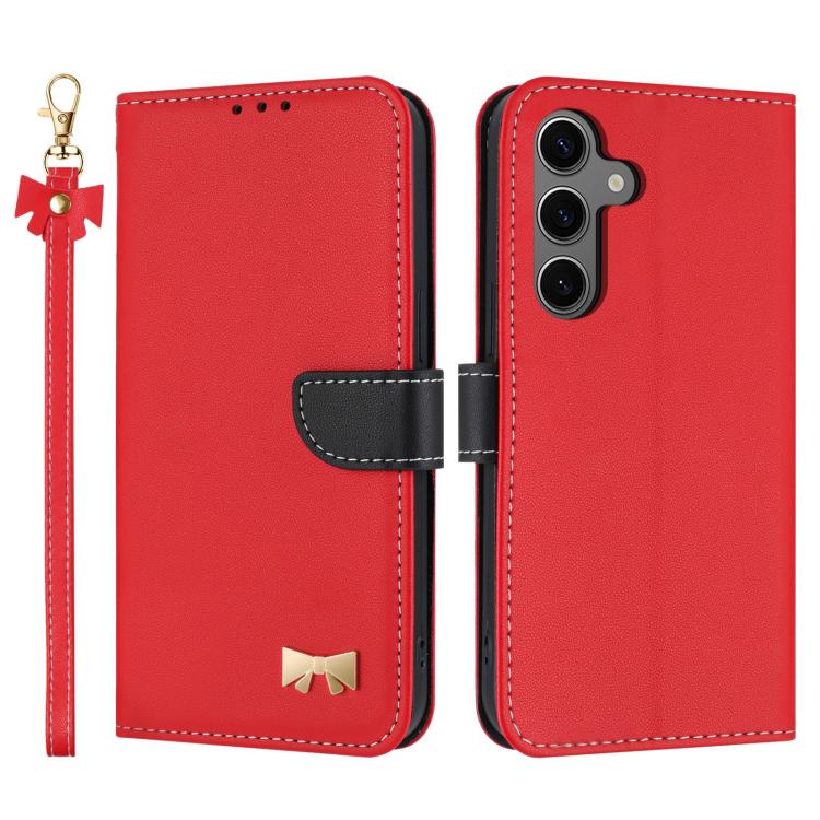 

For Samsung Galaxy S25 FE 5G Metal Bow Leather Phone Case with Hand Strap(Red)