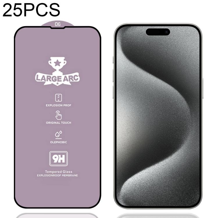 

For iPhone 15 Pro 25pcs 9H 0.4mm High Aluminum Large Arc Tempered Glass Film