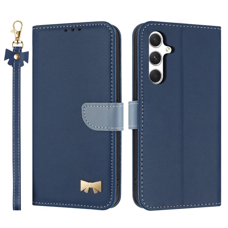 

For Samsung Galaxy A14 4G / 5G Metal Bow Leather Phone Case with Hand Strap(Dark Blue)