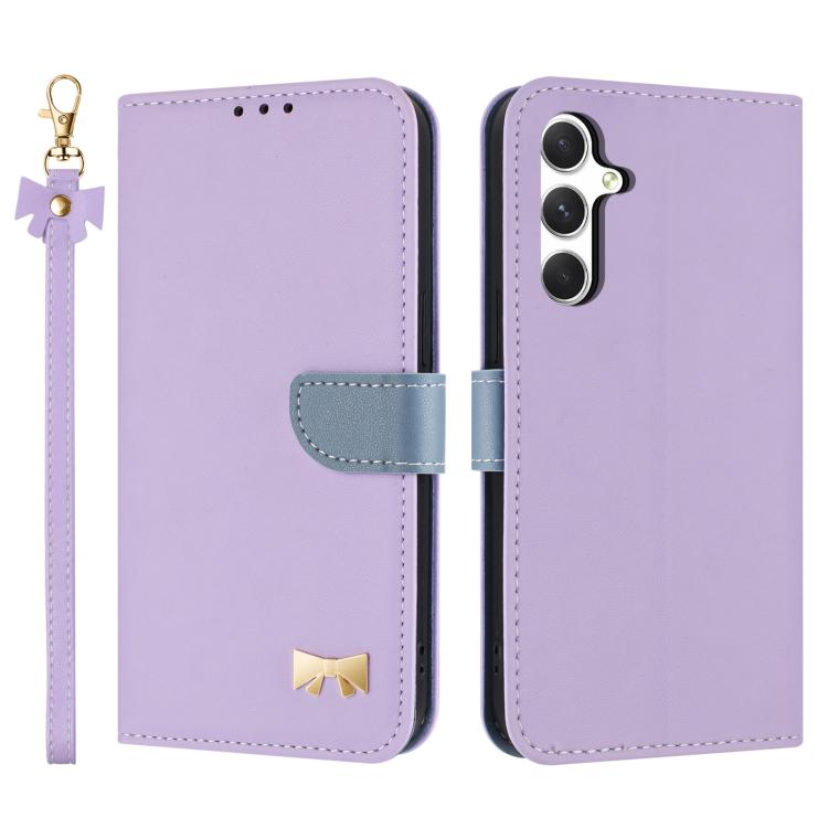 

For Samsung Galaxy A14 4G / 5G Metal Bow Leather Phone Case with Hand Strap(Purple)