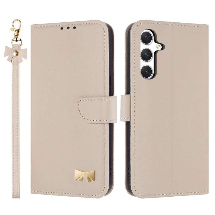 

For Samsung Galaxy A14 4G / 5G Metal Bow Leather Phone Case with Hand Strap(Apricot)