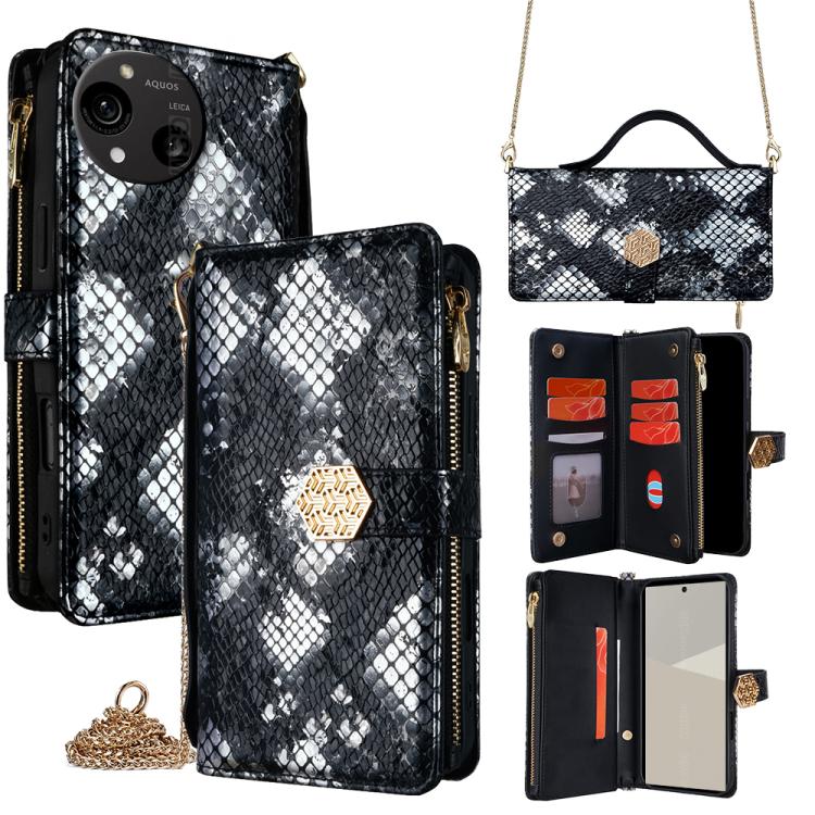 

For Sharp Aquos R10 Crossbody Handle Snake Texture Leather Phone Case(Black)