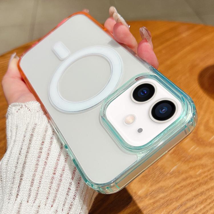 

For iPhone 11 Contrast Color Gradient Transparent MagSafe Phone Case(Blue Green + Pink)