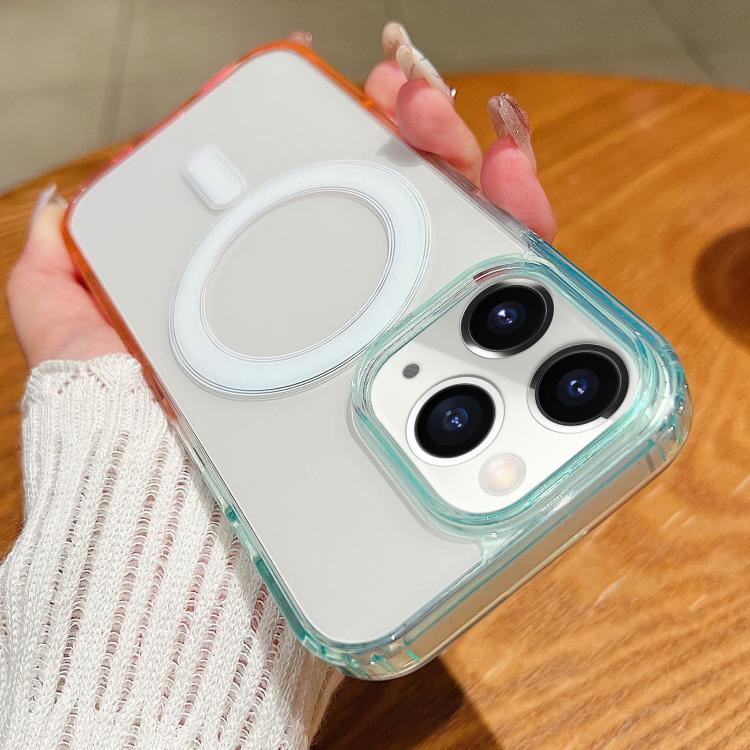 

For iPhone 11 Pro Contrast Color Gradient Transparent MagSafe Phone Case(Blue Green + Pink)