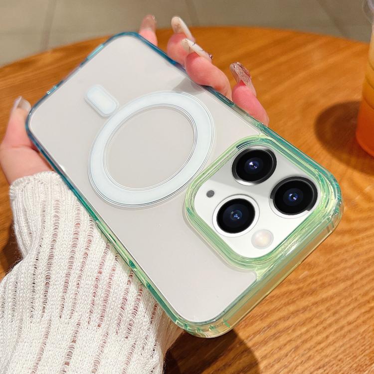 

For iPhone 11 Pro Contrast Color Gradient Transparent MagSafe Phone Case(Green + Blue)