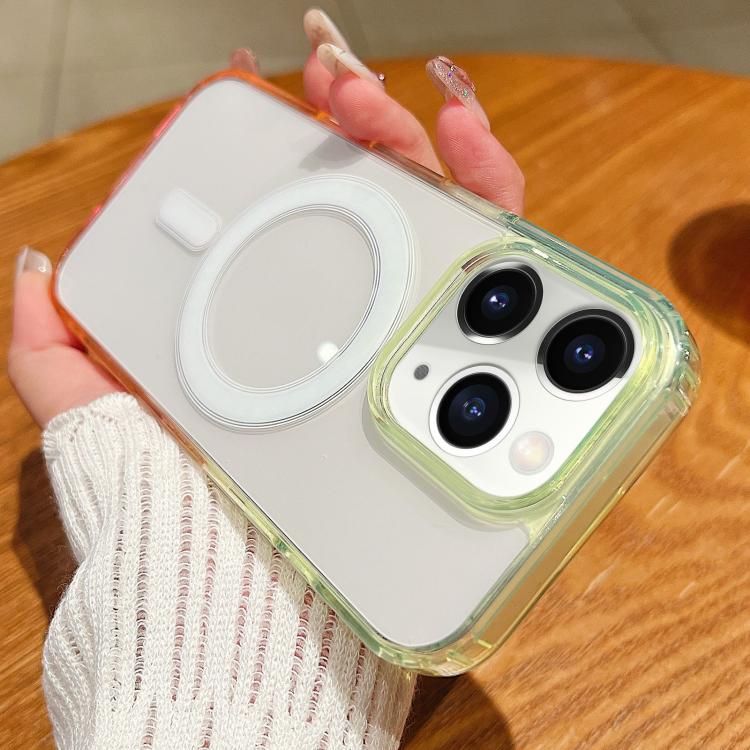

For iPhone 11 Pro Max Contrast Color Gradient Transparent MagSafe Phone Case(Fluorescent Green + Light Pink)
