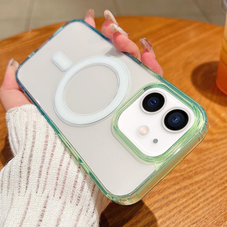

For iPhone 12 / 12 Pro Contrast Color Gradient Transparent MagSafe Phone Case(Green + Blue)