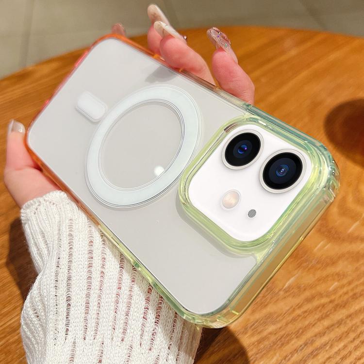 

For iPhone 12 mini Contrast Color Gradient Transparent MagSafe Phone Case(Fluorescent Green + Light Pink)