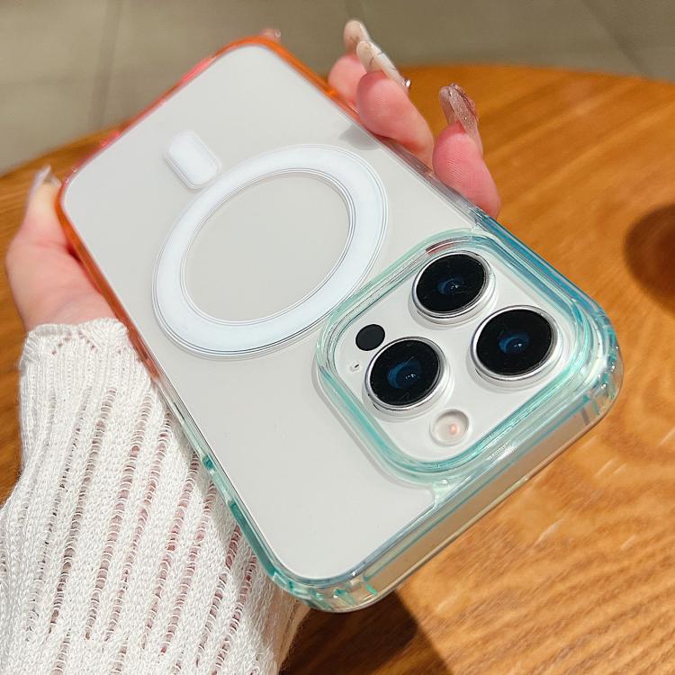 

For iPhone 12 Pro Max Contrast Color Gradient Transparent MagSafe Phone Case(Blue Green + Pink)