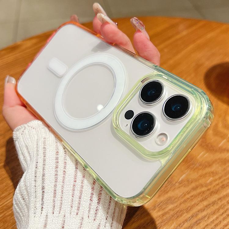 

For iPhone 12 Pro Max Contrast Color Gradient Transparent MagSafe Phone Case(Fluorescent Green + Light Pink)