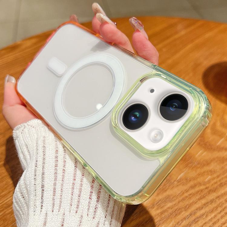 

For iPhone 13 mini Contrast Color Gradient Transparent MagSafe Phone Case(Fluorescent Green + Light Pink)