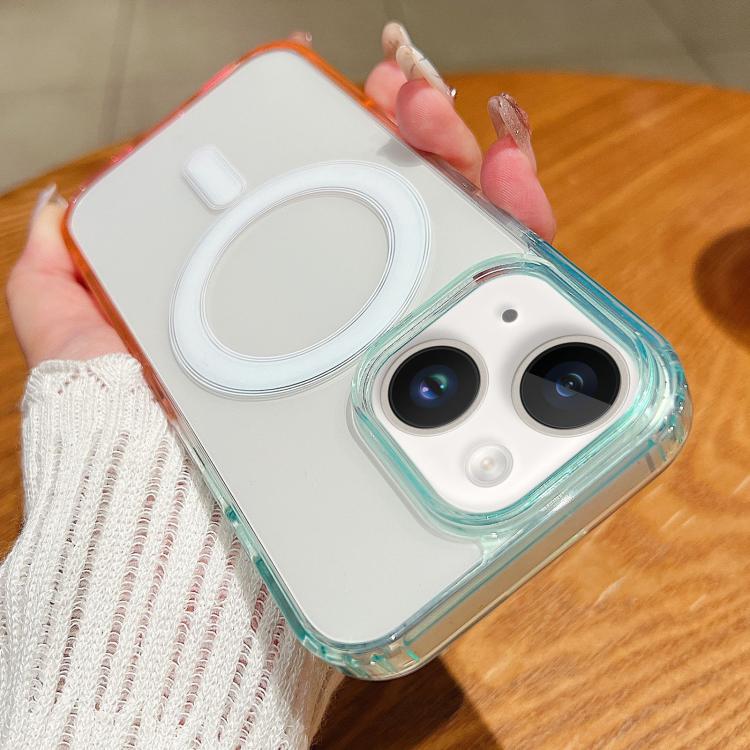 

For iPhone 14 Plus Contrast Color Gradient Transparent MagSafe Phone Case(Blue Green + Pink)