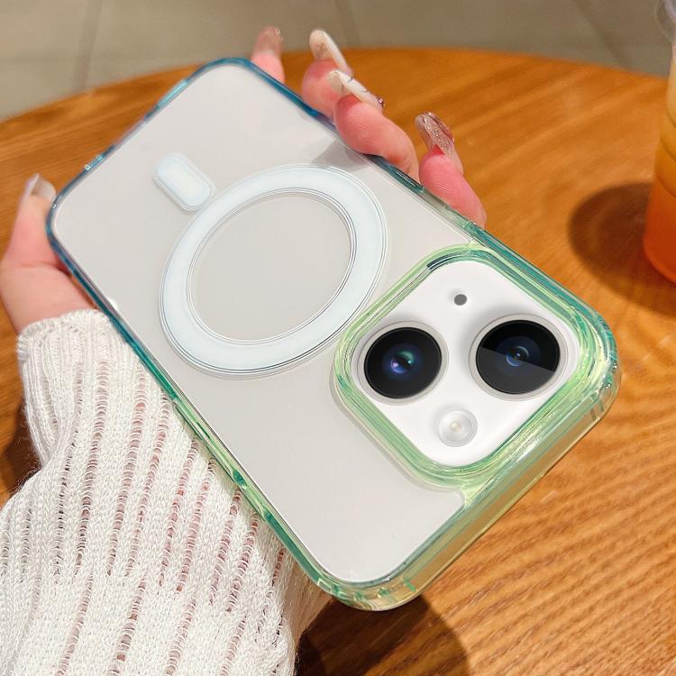 

For iPhone 14 Plus Contrast Color Gradient Transparent MagSafe Phone Case(Green + Blue)