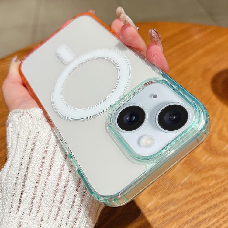 

For iPhone 15 Plus Contrast Color Gradient Transparent MagSafe Phone Case(Blue Green + Pink)