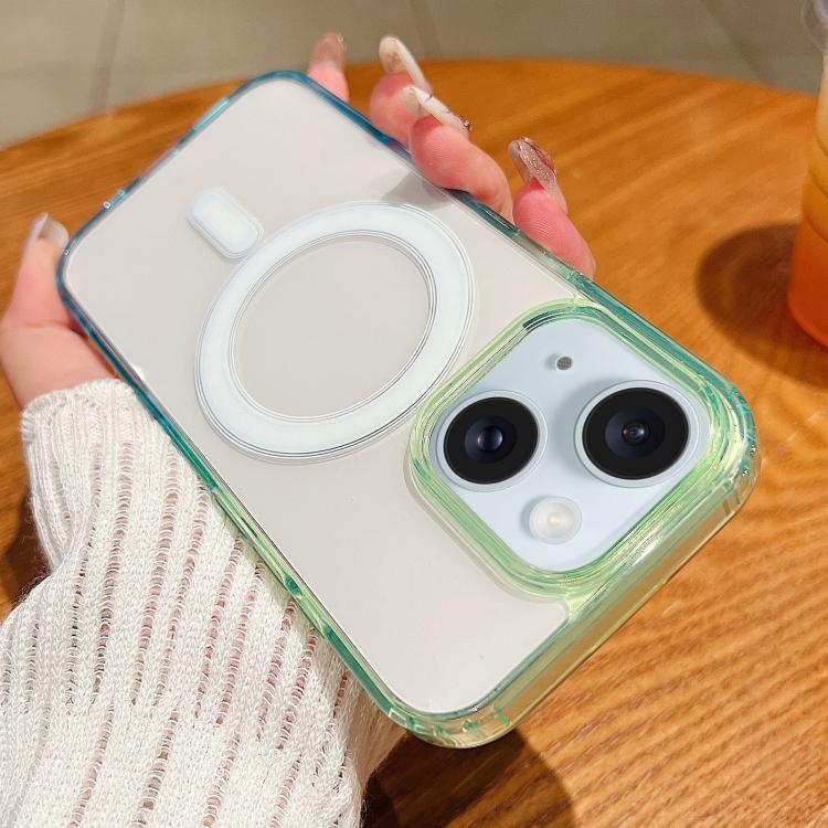 

For iPhone 15 Plus Contrast Color Gradient Transparent MagSafe Phone Case(Green + Blue)