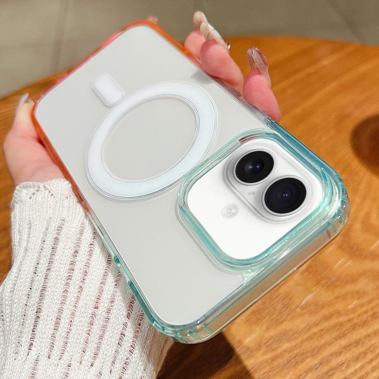 

For iPhone 16 Contrast Color Gradient Transparent MagSafe Phone Case(Blue Green + Pink)