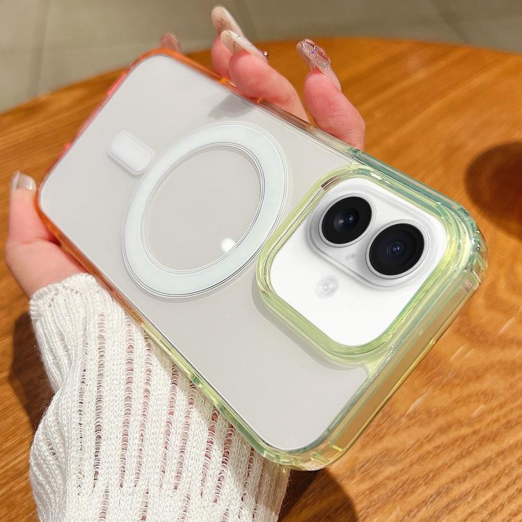 

For iPhone 16 Plus Contrast Color Gradient Transparent MagSafe Phone Case(Fluorescent Green + Light Pink)