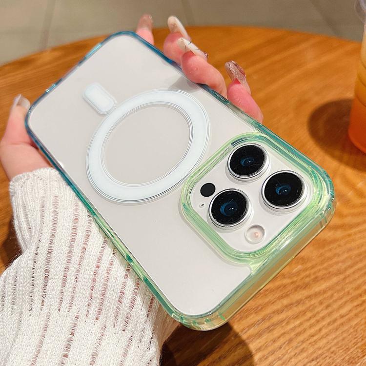 

For iPhone 16 Pro Contrast Color Gradient Transparent MagSafe Phone Case(Green + Blue)