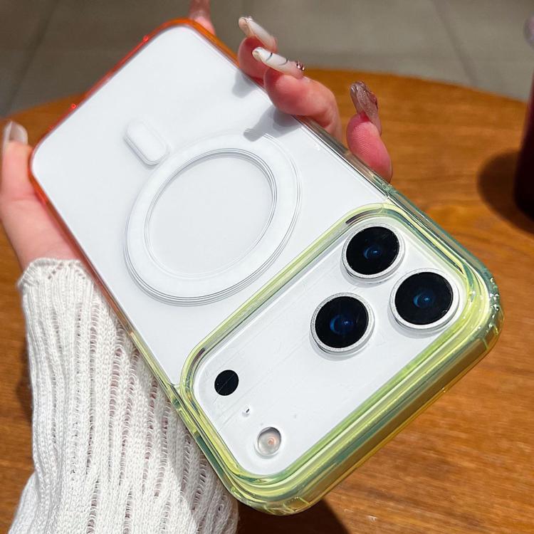 

For iPhone 17 Pro Contrast Color Gradient Transparent MagSafe Phone Case(Fluorescent Green + Light Pink)