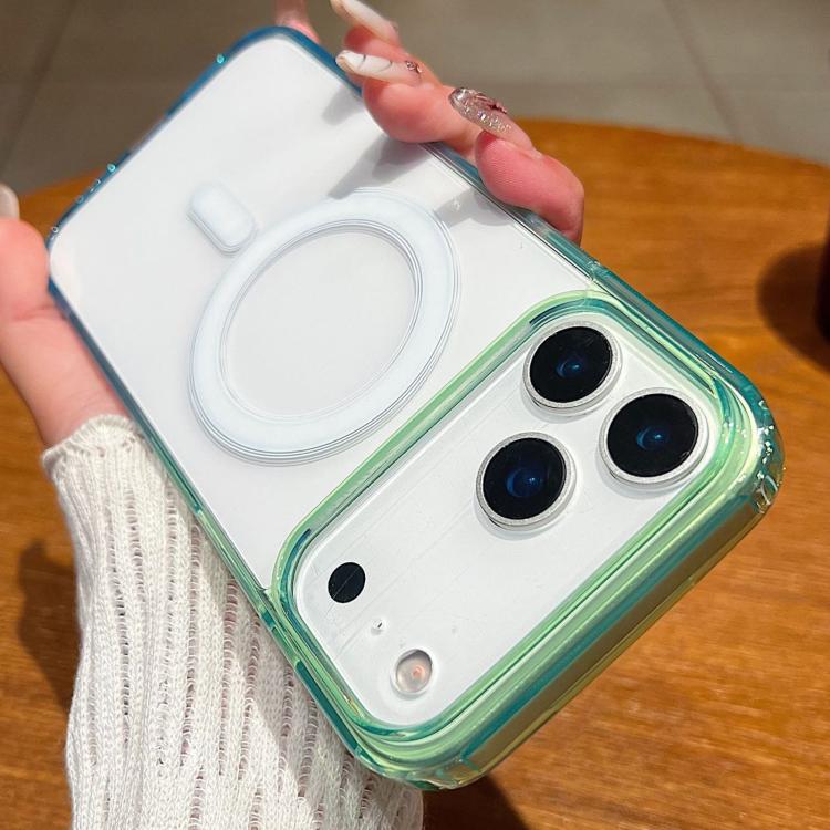 

For iPhone 17 Pro Contrast Color Gradient Transparent MagSafe Phone Case(Green + Blue)