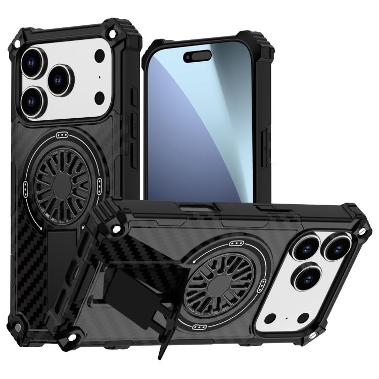 

For iPhone 17 Pro Camouflage Kickstand Rotating Shaft MagSafe Phone Case(Carbon Fiber Black)