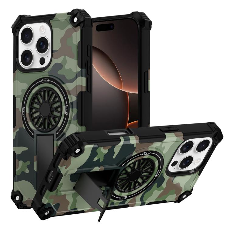 

For iPhone 16 Pro Max Camouflage Kickstand Rotating Shaft MagSafe Phone Case(Army Green Camouflage)