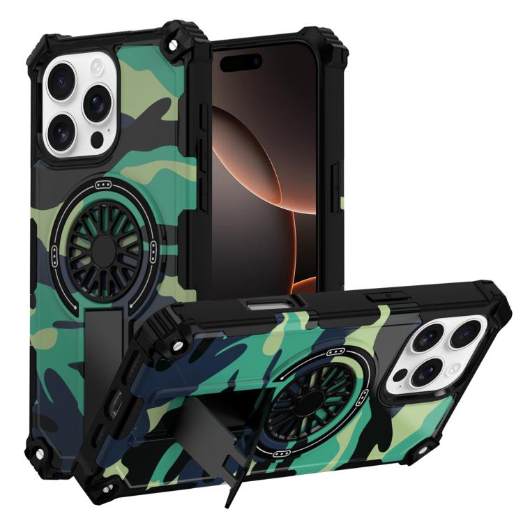 

For iPhone 16 Pro Max Camouflage Kickstand Rotating Shaft MagSafe Phone Case(Green Camouflage)