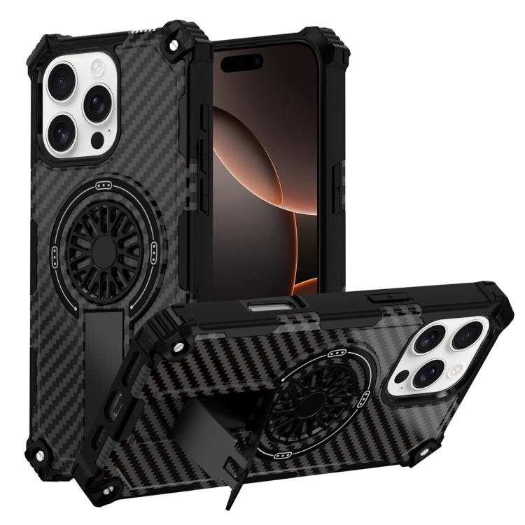 

For iPhone 16 Pro Max Camouflage Kickstand Rotating Shaft MagSafe Phone Case(Carbon Fiber Black)