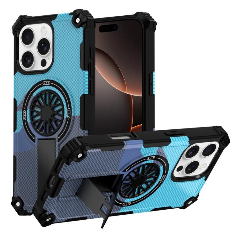 

For iPhone 16 Pro Max Camouflage Kickstand Rotating Shaft MagSafe Phone Case(Carbon Fiber Sky Blue)