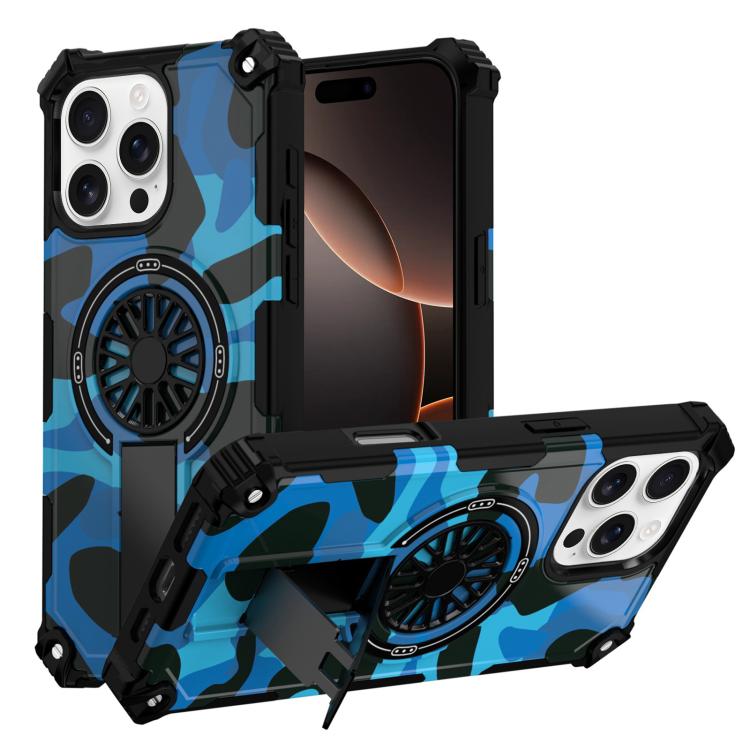 

For iPhone 16 Pro Camouflage Kickstand Rotating Shaft MagSafe Phone Case(Blue Camouflage)