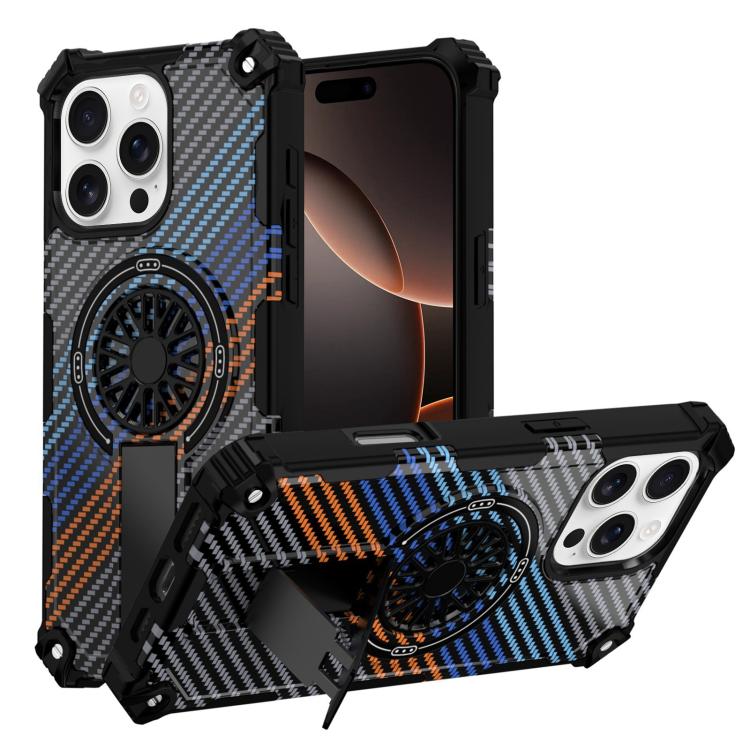 

For iPhone 16 Pro Camouflage Kickstand Rotating Shaft MagSafe Phone Case(Carbon Fiber Rainbow)