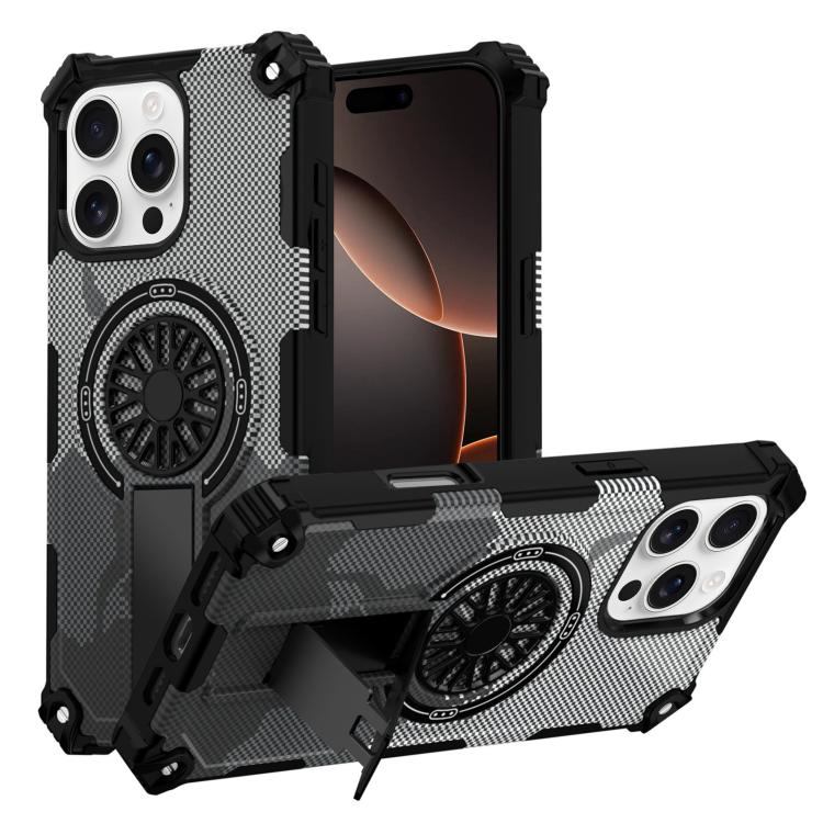 

For iPhone 16 Pro Camouflage Kickstand Rotating Shaft MagSafe Phone Case(Carbon Fiber Grey)