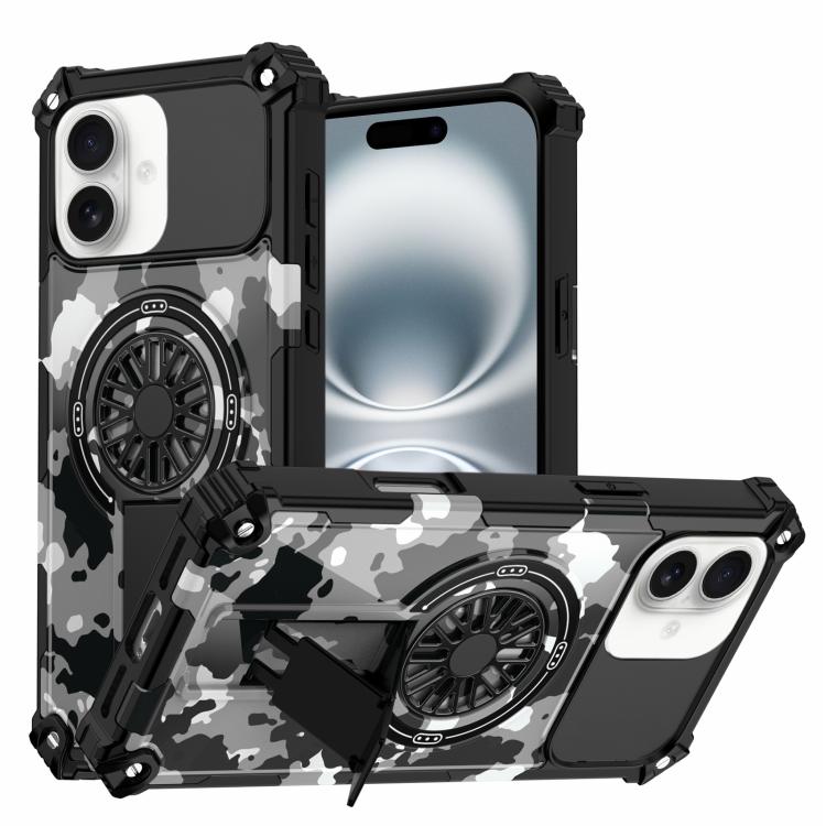 

For iPhone 16 Plus Camouflage Kickstand Rotating Shaft MagSafe Phone Case(Mint Green Camouflage)