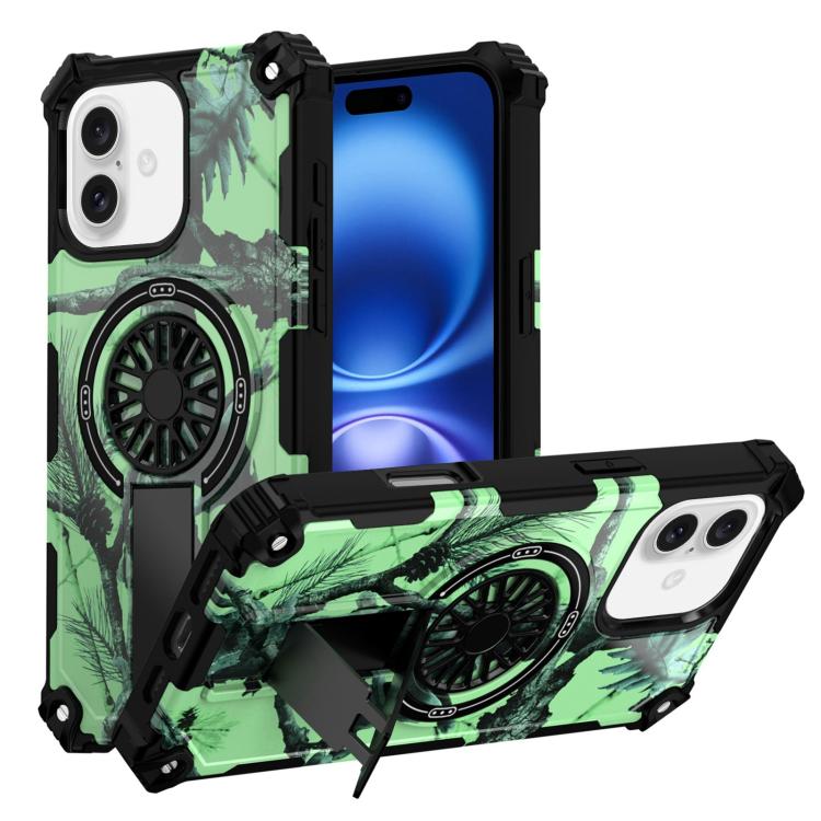 

For iPhone 16 Plus Camouflage Kickstand Rotating Shaft MagSafe Phone Case(Bright Green Branches)
