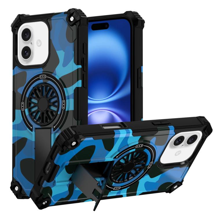

For iPhone 16 Plus Camouflage Kickstand Rotating Shaft MagSafe Phone Case(Blue Camouflage)