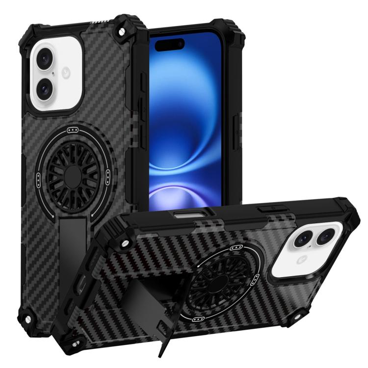

For iPhone 16 Plus Camouflage Kickstand Rotating Shaft MagSafe Phone Case(Carbon Fiber Black)