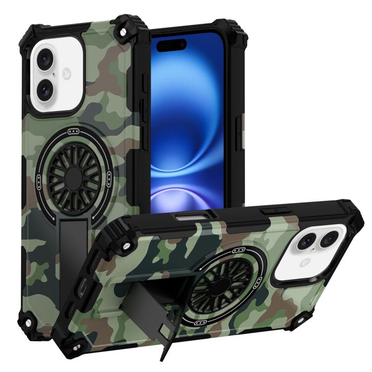 

For iPhone 16 Camouflage Kickstand Rotating Shaft MagSafe Phone Case(Army Green Camouflage)