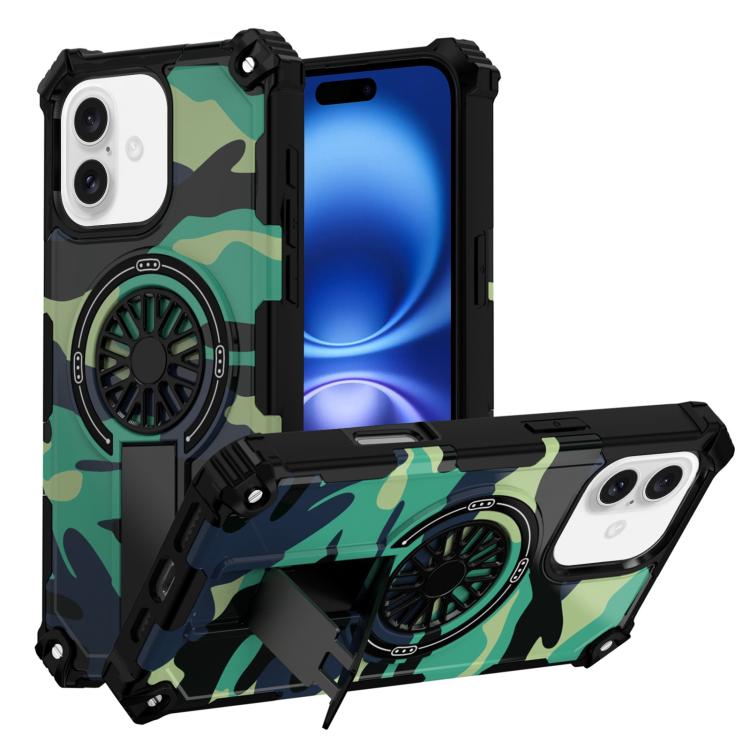 

For iPhone 16 Camouflage Kickstand Rotating Shaft MagSafe Phone Case(Green Camouflage)