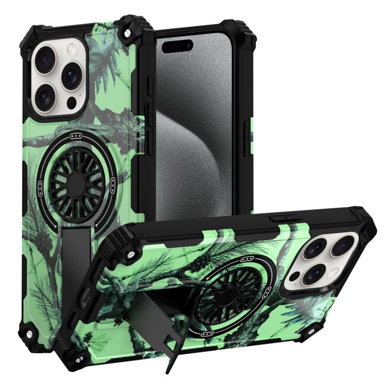 

For iPhone 15 Pro Max Camouflage Kickstand Rotating Shaft MagSafe Phone Case(Bright Green Branches)